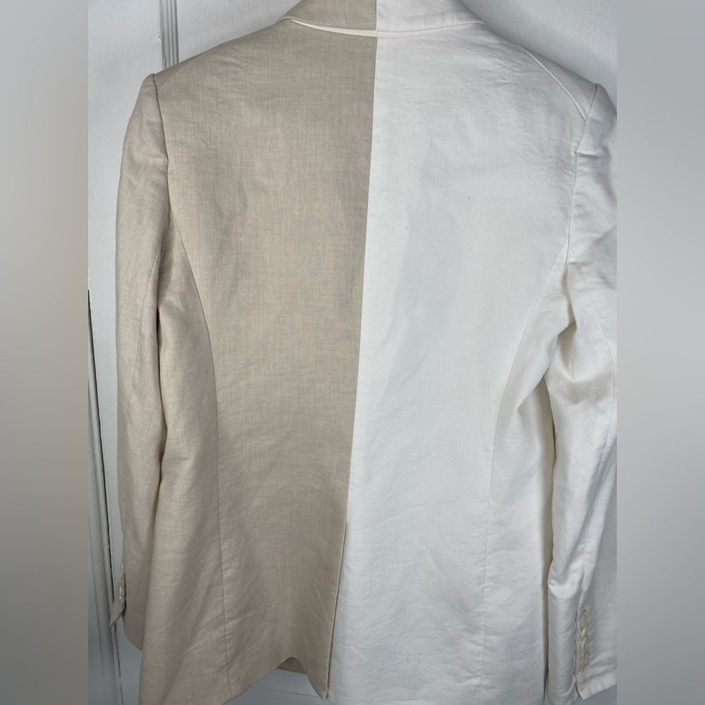 Veronica Beard Braeton Cream & Beige Double-Breasted Linen Dickey Blazer - Picture 4 of 10